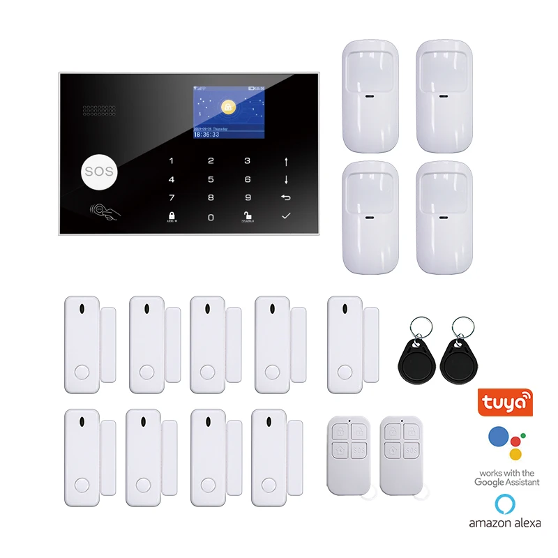Tuya WiFi GSM Wireless Home Security Alarm with LCD Touch Keypad RFID Amazon Alexa Google Home IP Camera Remote control Monitor