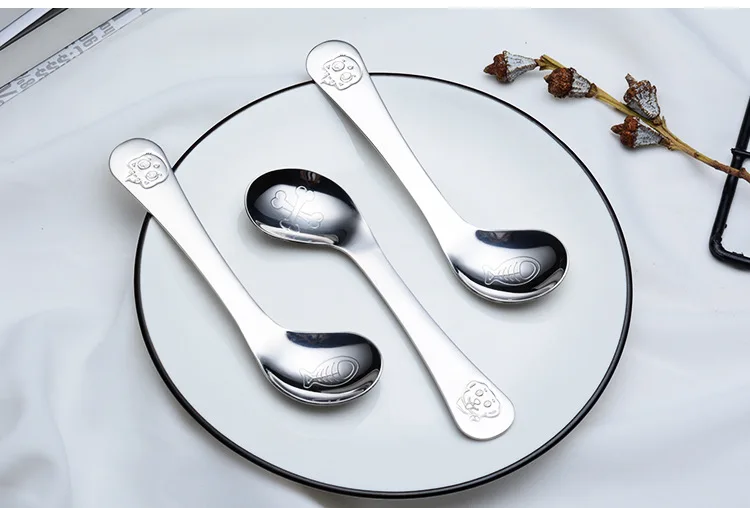 304 Stainless Steel Baby Eating Elbow Training Spoon Cartoon Pattern Creative Infant Practice Spoon