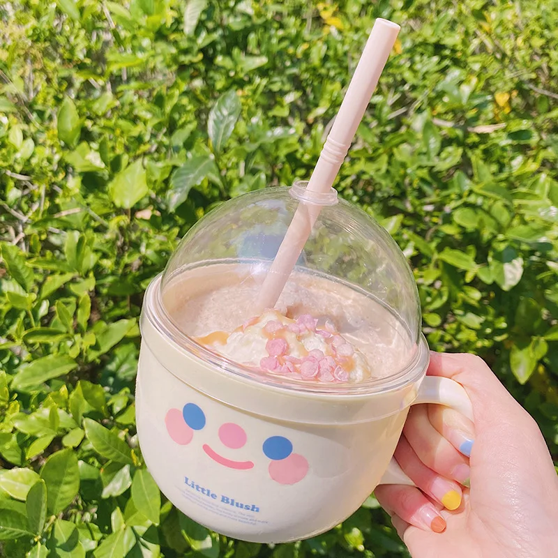 Plastic Bowl Water Bottle with Straw Cute Smile Face Cup Lid Fruit Salad Breakfast Milk Mugs Coffee Cups Drinking | Дом и сад