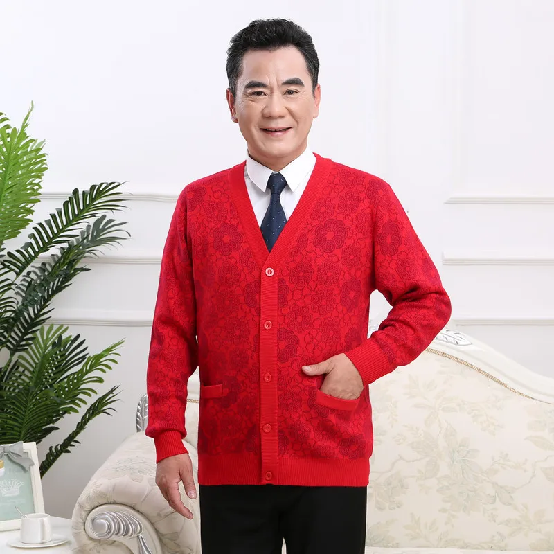 

Woollen Sweater MEN'S Knitted Cardigan Button Autumn And Winter New Style Men Thick V Neck Sweater Middle-aged Daddy Clothes