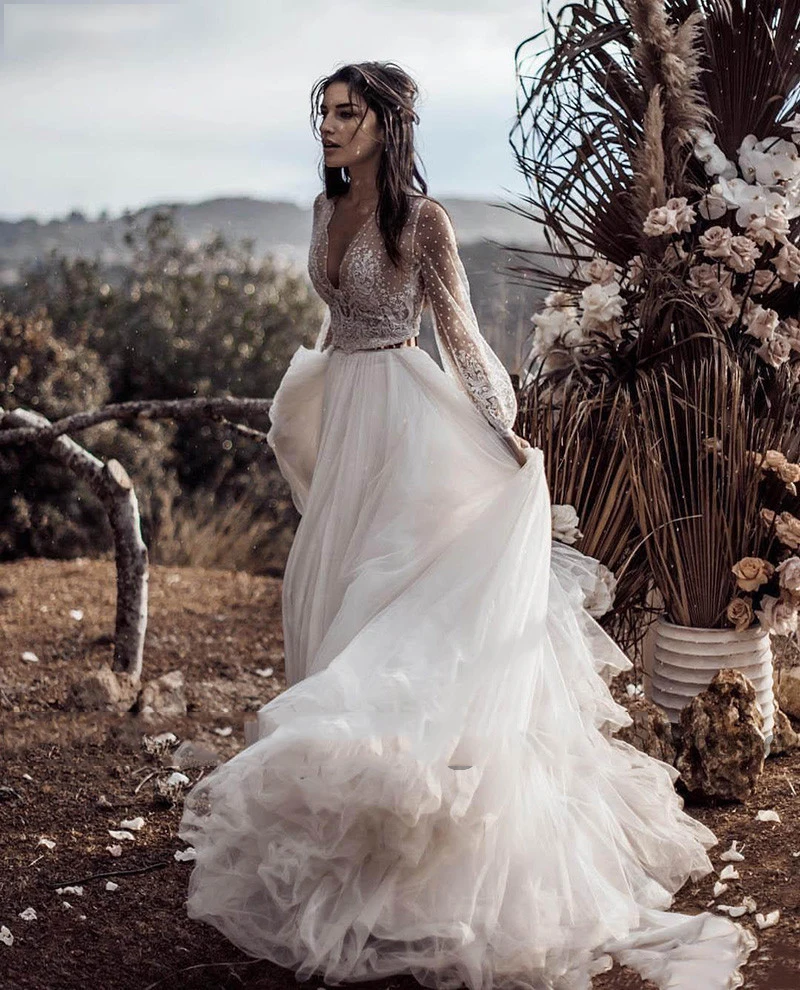 Сексуальные платья невесты с v-образным вырезом vestido de Casamento Пышные свадебные платья из фатина Boho A Line свадебное платье с пышными рукавами