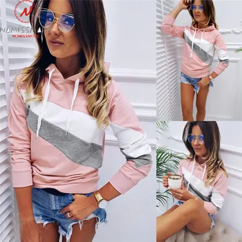 

Fashion Women Hoodies for Streetwear Color Matching Design Hooded Decor O-Neck Long Sleeve Autumn Winter Casual Pullovers Top