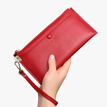 

Genuine Leather Women Wallet Long thin Purse female Wrist Wallets Fashion Cowhide multiple Cards Holder Clutch Purses money bag