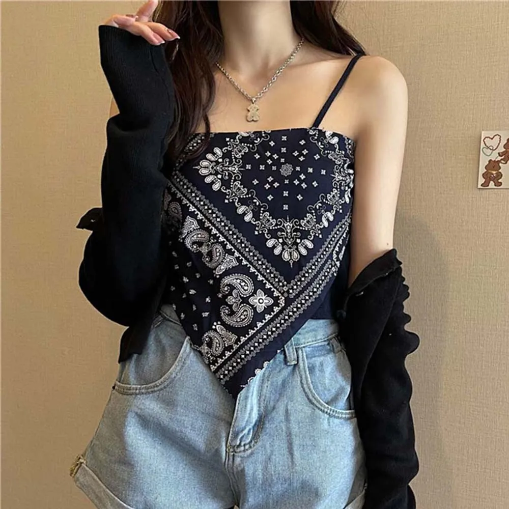 

Women Vintage Scarf Irregular Satin Tie Back Knot Spaghetti Bandana Tube Crop Top Sleeveless Blouse Ladies Knitted Strap Top