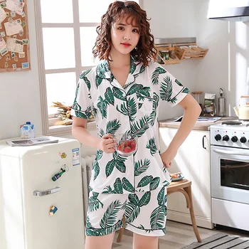 

Women Home Clothes Pajamas Wear Short Sleeve Suits Female Casual Iace Silky Slipper Ladies Fashion Printing Slipper