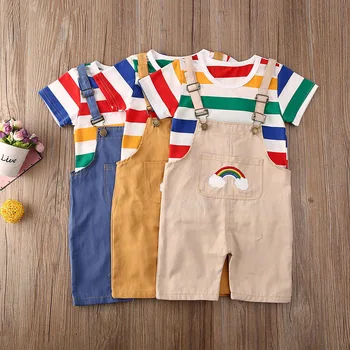 

Newborn Baby Boys Gentleman Outfits Clothes Sets Rainbow Striped Short Sleeve T-shirt Top Bib Shorts Set 2PCS