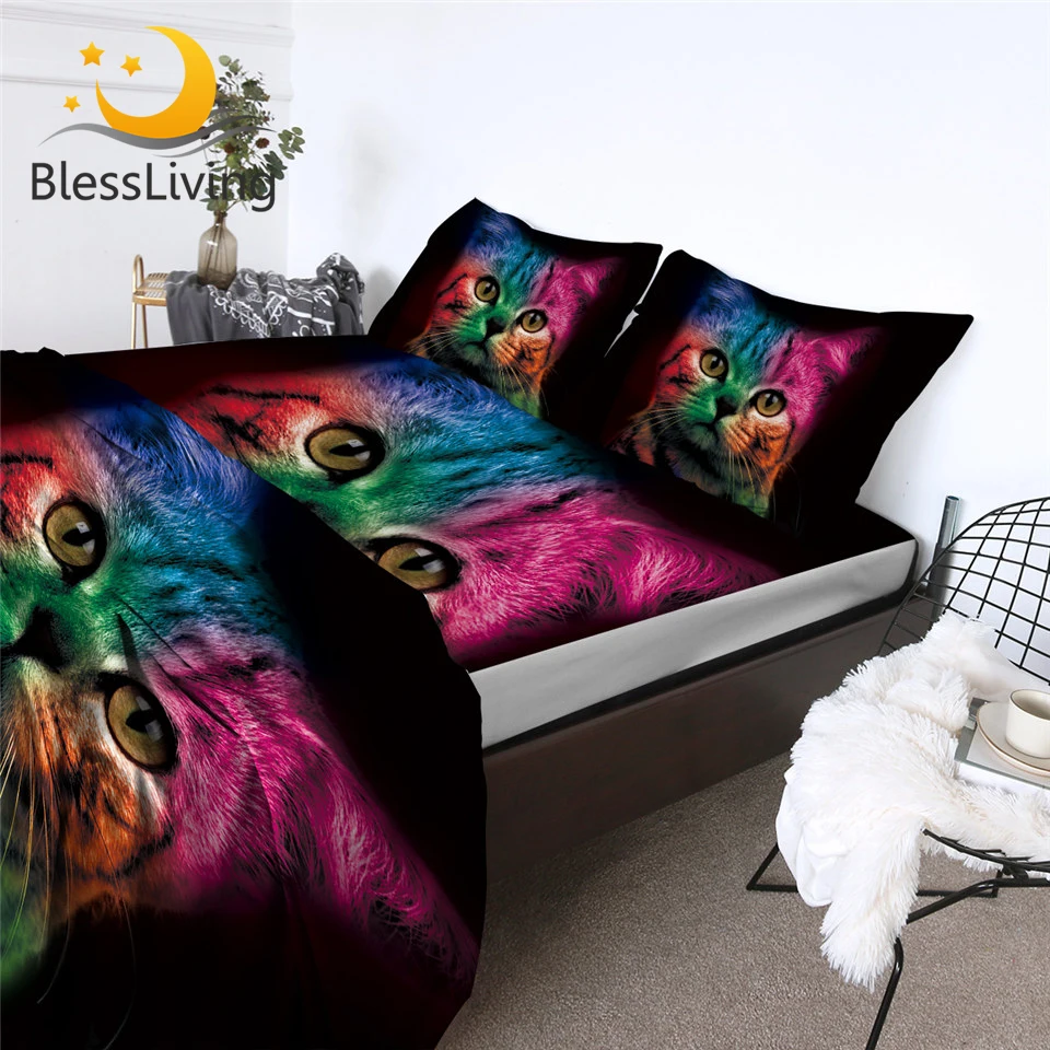 blessliving-gato-colorido-equipado-folha-bonito-gato-folha-de-cama-conjunto-animal-folha-plana-3d-impresso-preto-capa-de-colchao-rainha-4-piece