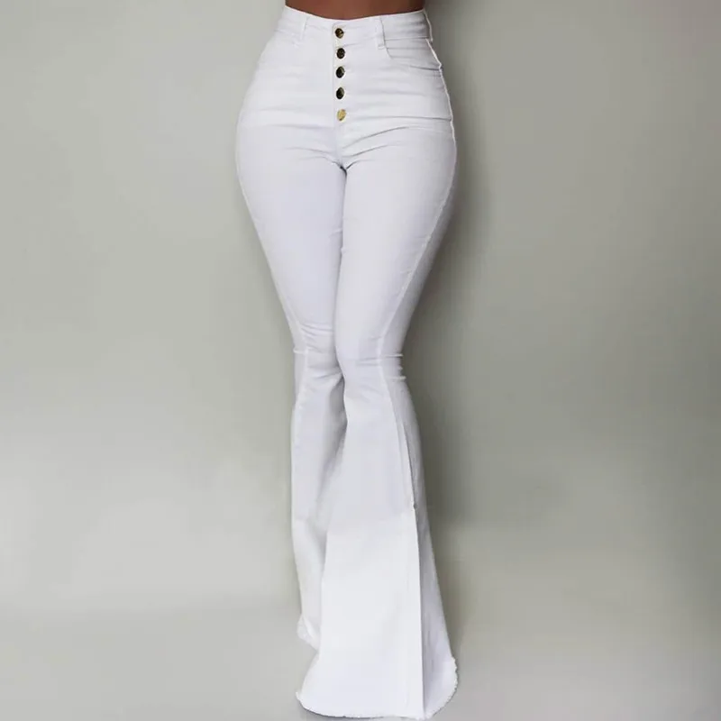 

High Waist Flare Bell Bottom Pants Solid Button Fly Trousers Women Package Hip Flat Pockets Skinny Full Length Casual Streetwear