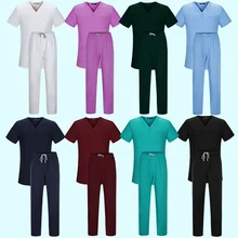Alta calidad Doctor y uniformes de enfermería Unisex cuello en V Hospital salón de belleza Scrub Sets quirúrgicos médicos uniformes Scrubs camisetas + Pantalones