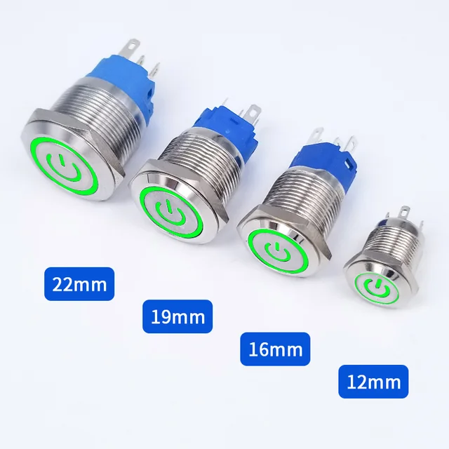 12/16/19/22mm Metal Push Button Switch Momentary Latching Fixed Electric On Off Power Start Stop LED Light 3V 6V 12V 24V 220V Green power pattern
