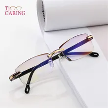 Ti-CARING очки для чтения без оправы для женщин и мужчин прозрачные голубые легкие блокирующие бескаркасные компьютерные очки для чтения Пресбиопии 1,0 1,5