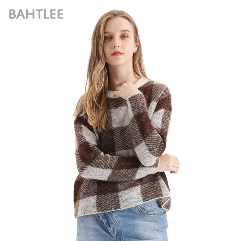 

BAHTLEE Autumn Winter Women Mohair Short Pullover O-Neck Sweater Diamond Jacquard Long Sleeves Wool Knitted Jumper Loose Style