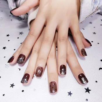

24pcs/box Elegant Polka Dots Pattern False Nails with glue Patch Manicure Shiny Paillette Decor Short Full cover Fake Nail Tips