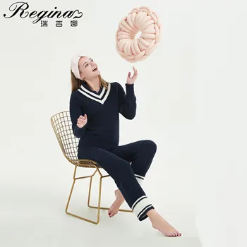 

REGINA Brand Super Warm Soft Home Wear Suit Classic Stripe V-Neck Breathable Microfiber Knitted Pajama Set Fashion Loungewear