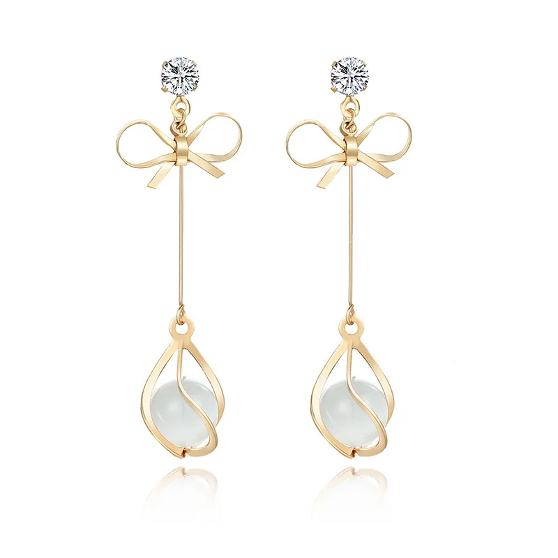 2020 Limited Earings Brincos New Bow Tie With Diamond Pendant Tassel Long Earrings Openwork Opal Temperament And Versatile | Украшения и