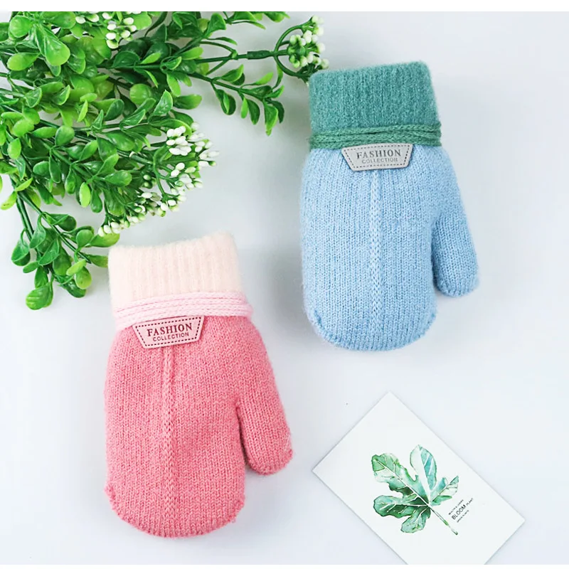Children's Gloves Winter Solid Thicken Plus Velvet Halter Gloves For Kids Toddler Outdoor Keep Warm Knitted Mittens With Rope winter gloves baby mittens