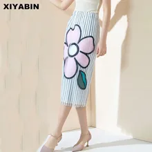 Юбка средней длины с завышенной талией, облегающая, новинка года, рисунок в полоску, газовая Комбинированная юбка