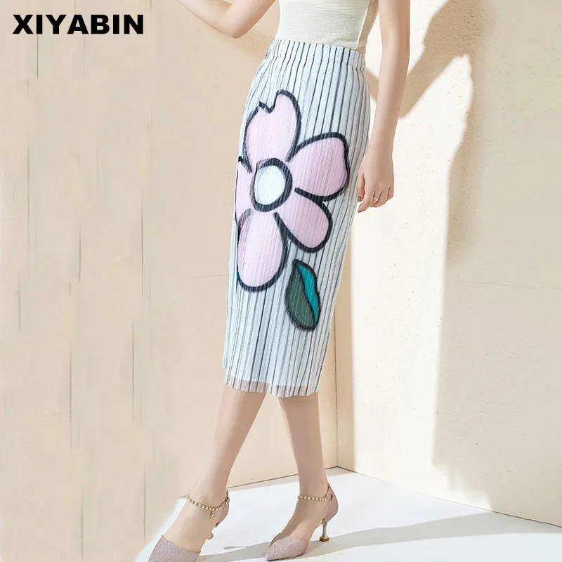 

Medium length Skirt High waist Skinny 2019 New pattern Stripes Printing Gauze Splicing Fold Skirt