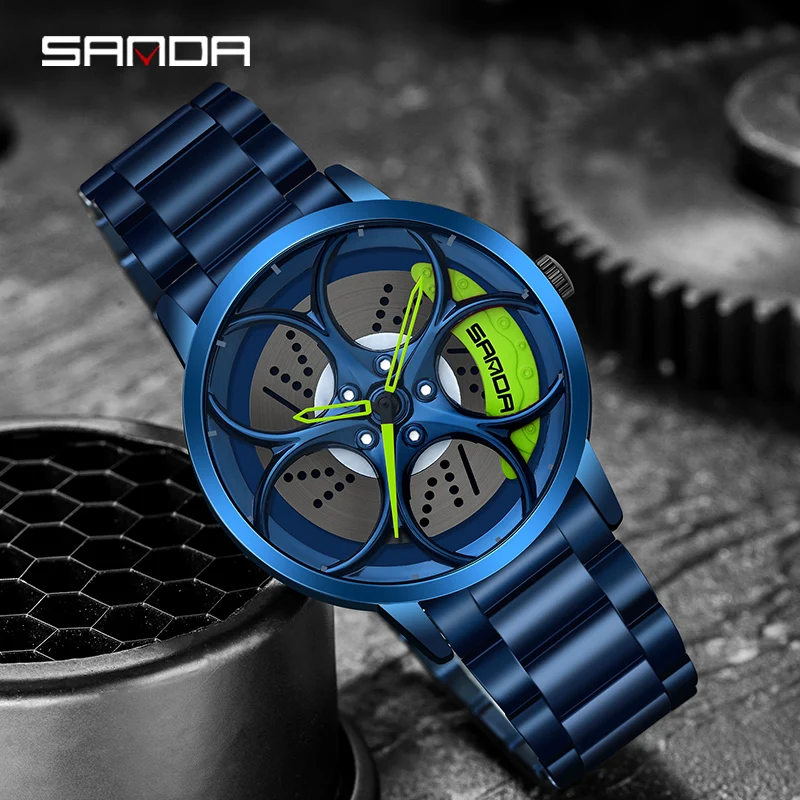 

SANDA Men Rim Hub Watch Sports Car Watch Stainless Mesh Racing Wheel Rim Hub Quartz Watch Man Waterproof Mens watch Reloj hombre