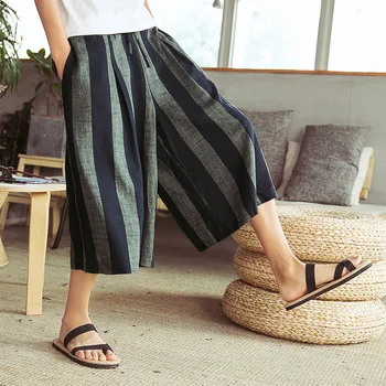 

EWQ / men's wear Japanese style striped loose linen casual pants kimono pants cotton linen wide leg pants cropped pants 9Y1464