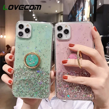 

LOVECOM Finger Ring Stand Phone Case For iPhone 11 Pro Max XR XS Max 6 6S 7 8 Plus X Gradient Glitter Star Soft Epoxy Back Cover