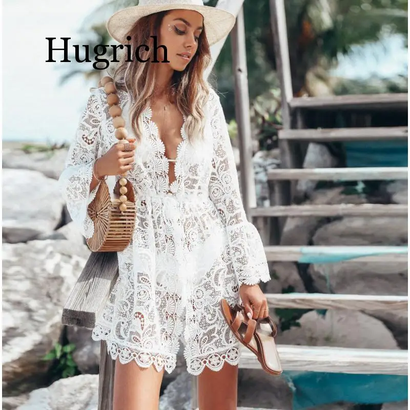 2020 Autumn Lace Crochet Women Bikini Cover Up Swimwear Floral White Black Bathing Suit Tunic Beach Dress