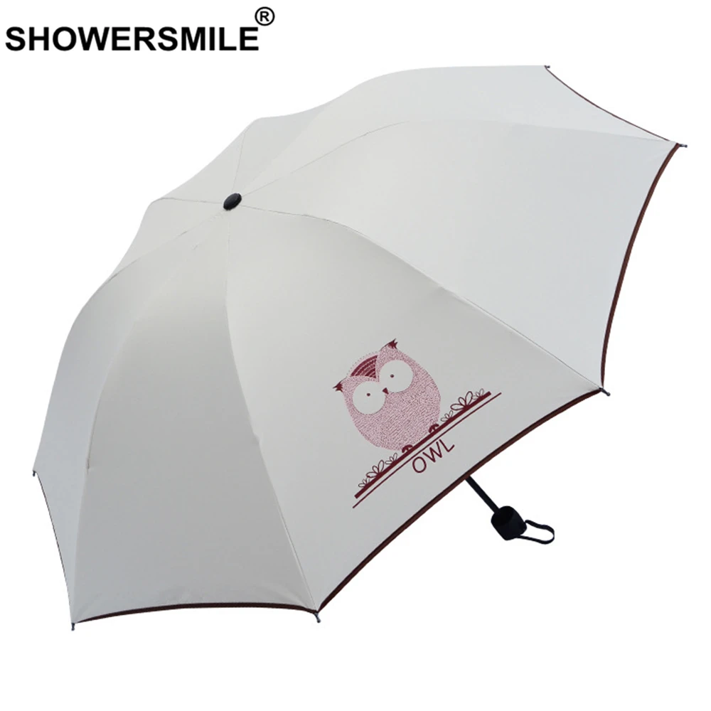 

SHOWERSMILE Owl Pencil Umbrella Rain Women 3 Folding Windproof Travel Parasol Uv Protection Cute Animal Print Manual Umbrella