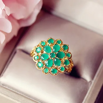 

Glittering Fashion Luxury Retro court Baroque Lotus shaped Ring Hollowing Cubic Zirconia Green Stone Flower Party Women Jewelry