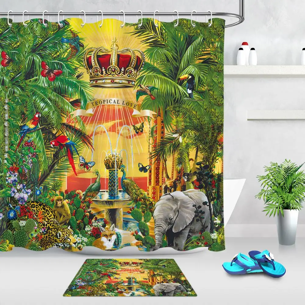 Tropical Jungle Shower Curtain Wild Animals Waterproof Polyester Fabric