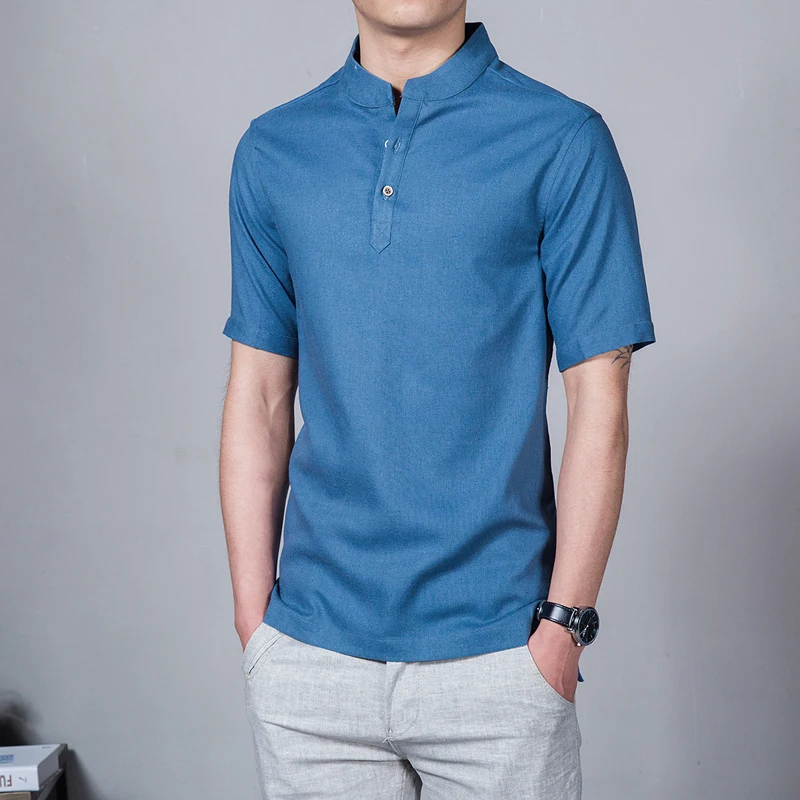 2020! Camiseta con cuello levantado para hombre de manga corta Color sólido estilo chino camisetas lino talla grande 5X|Повседневные
