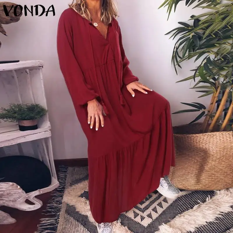 VONDA/праздничное платье с длинными рукавами и v-образным вырезом; летнее повседневное свободное плиссированное платье; Сарафан Макси; большие размеры; Robe Femme Vestidos