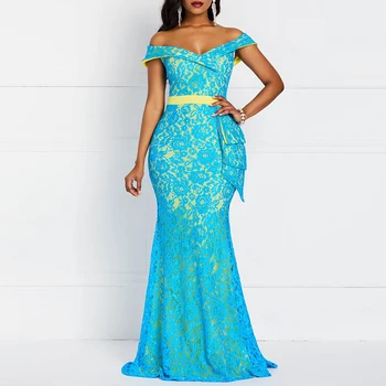 

MD African Women Blue Lace Dress Off Shoulder Maxi Dresses Wedding Party Ruffles Lace Long Dress Ladies Prom Formal Clothes