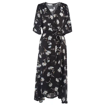 

BacklakeGirls Robe Soiree Elegant V Neck Black Flower Printing Evening Dress Long Women Chiffon Casual Dress Vestidos Elegantes