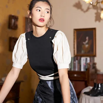 

LANMREM 2020 Spring Summer New Arrivals O-neck Puff Sleeve Patchwork Pattern Women Casual Temperament Was Thin T-shirt AY13001S