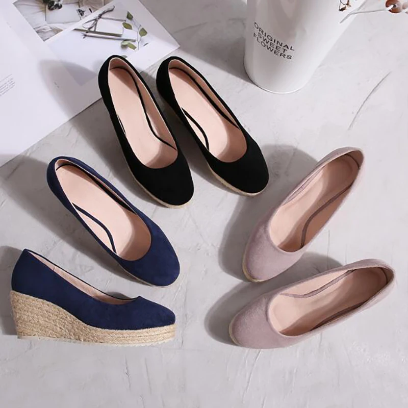 

Elegent Round Toe Wedges Shoes For Women Flock Wild Fashion Ladies High Heels Casual Shallow Platform Pumps Shoes Woman