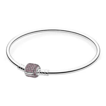 

New 925 Sterling Silver Bangle Pave Barrel Clasp With Crystal Snake Chain Basic Bracelet Bangle Fit Women Bead Charm DIY Jewelry