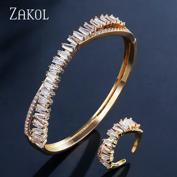 

ZAKOL Elegant High Quality Square Cubic Zirconia Ring Bracelet Set Bridal Jewelry for Women Wedding Party Birthday Gift FSSP374