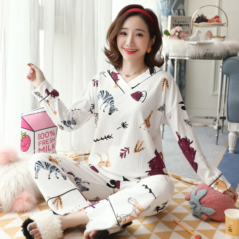 

Pajamas Women's Spring And Autumn Long Sleeve Pure Cotton Korean-style Students Cute Zebra Deer Set Sweet Thin Outer Wear Tracks