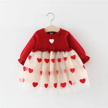 

PatPat 2020 New Spring and Autumn Baby Girls 0-1 Years Old Sweet Solid Heart Print Splice Tulle Long-Sleeve Dresses