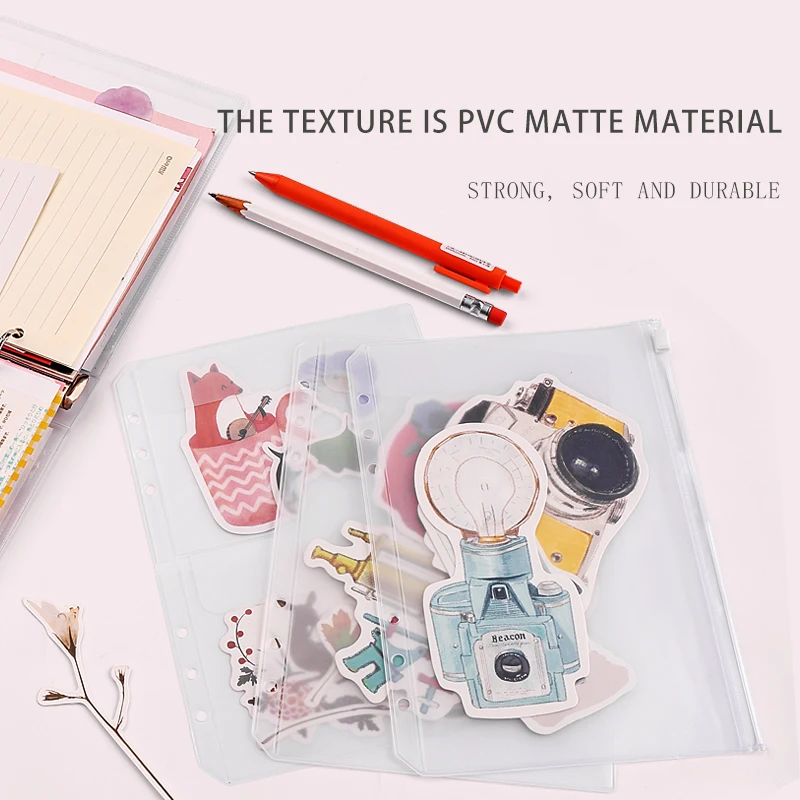 2pcs Translucent Binder Pockets PVC A5 A6 A7 6-Ring Zipper Filing Bag Folders Loose Leaf Filing Storgae Bag Files Reports Binder