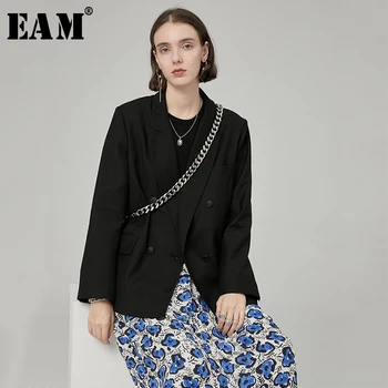 

[EAM] Loose Fit Black Formal Double Breasted Jacket New Lapel Long Sleeve Women Coat Fashion Tide Spring Autumn 2020 JZ536