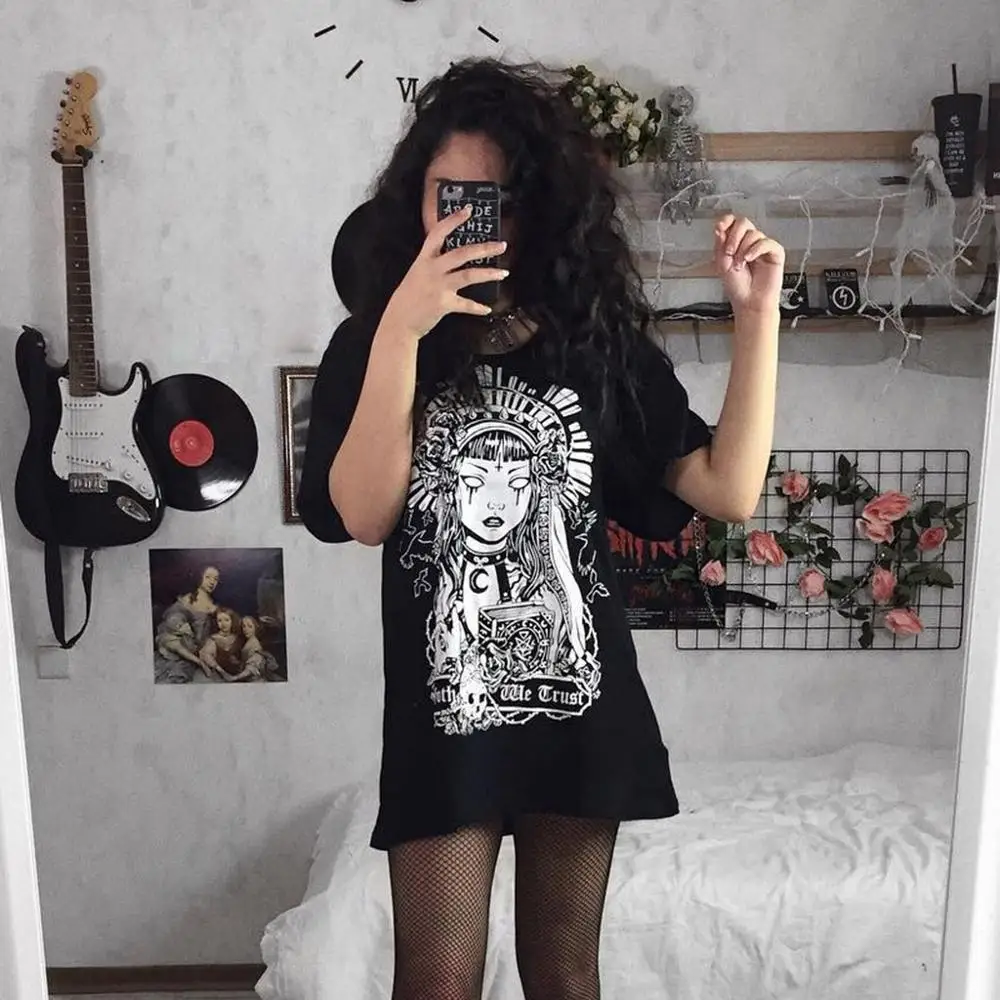 Женская футболка с принтом Goth Dark черная свободная в стиле Харадзюку уличная