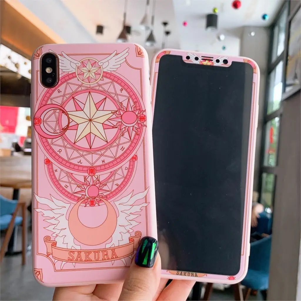 

Front Screen Protector+Back Phone Case For iPhone X XR XS Max Cardcaptor Sakura Pattern Tempered Glass Film