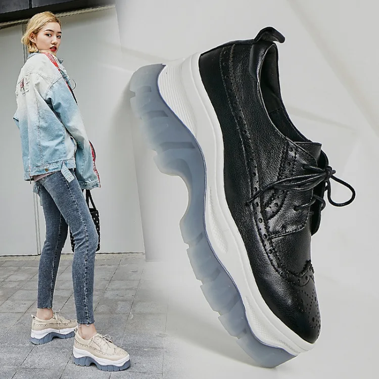 

England 2019 Autumn New Style Genuine Leather Bullock Shoes Women's Versatile Lace-up Thick Bottomed Fashion Street Snap Platfor