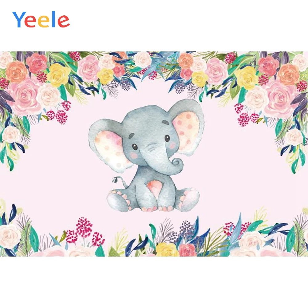

Elephant Baby Shower Birthday Party Watercolor Flower Pattern Poster Portrait Photo Background Photography Backdrop Photo Studio