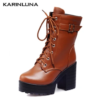 

Karinluna Party Sxey woman shoes Fashion Brand Design Classcis Round Toe Buckle Straps Platform Solid Autumn Ankel Boots