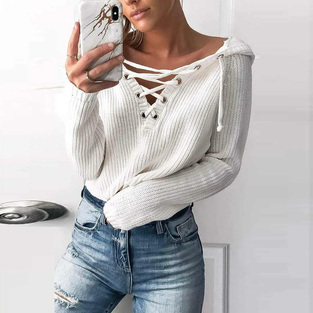 

LASPERAL Women V Neck Knitted Lace -Up Sweater Bandage Cross Ties Pullover Loose Casual Long Knitwear Jumper Top Sweter Mujer