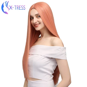 

X-TRESS Synthetic Pink Wigs For Women 28inch Long Straight Colored Wig Heat Resistant Fiber Halloween Cosplay Wig