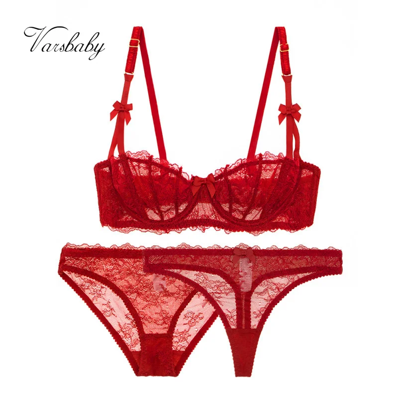 

Varsbaby Bowknot half cup bra three-piece bra + briefs + thong sexy cute underwear plus size bra set