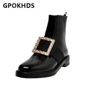 

GPOKHDS 2021 women Ankle boots Patent Leather Winter short plush Round Toe Crystal Med heels female Riding boots size 42